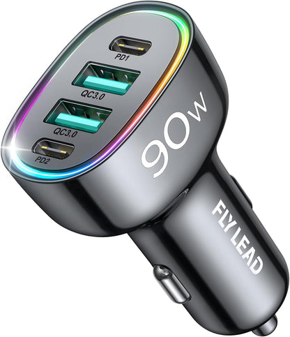 Car Charger USB C 90W 4-Port Car Phone Charger Compatible with Iphone 17/16/15/14/13/12 Pro Max plus [A Must for Family Travel] Super Fast Charging Cigarette Lighter Adapter Port